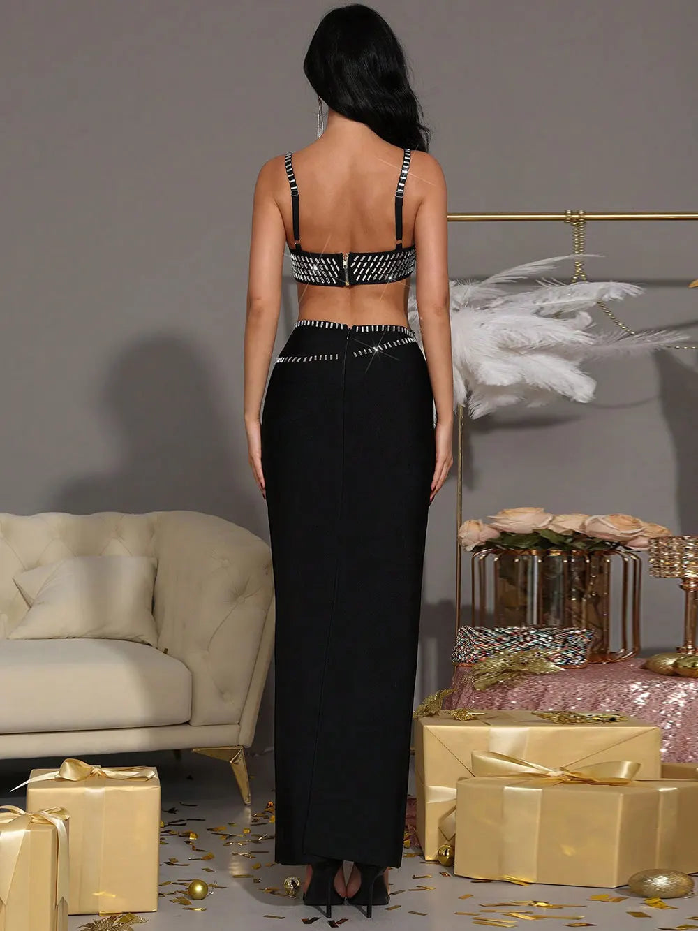 2025 Sexy Women's Nail Bead Design Bandage Dress Strapless Sleeveless Bodycon Backless Long Dress Cocktail Dinner Dress Vestitos