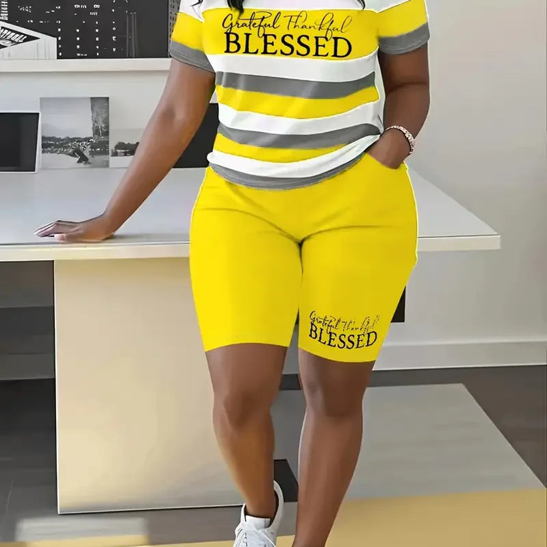 Plus Size Summer Outfits Biker Shorts Set Crew Neck Short Sleeve Positioning Printing Queen Plus Size 2 Piece Set Women