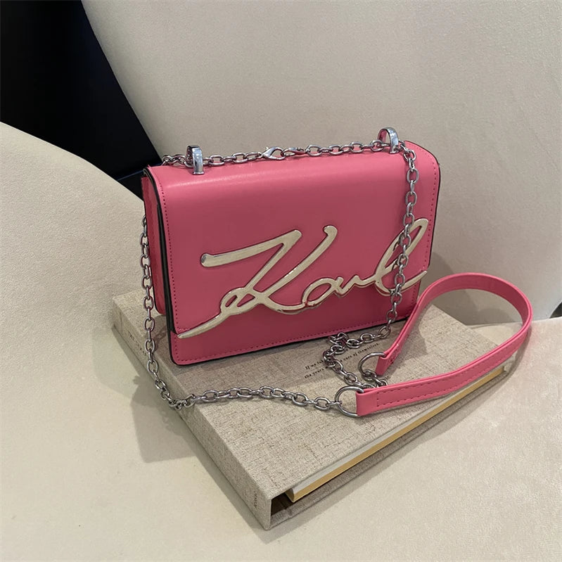 Fashionable Crossbody Bag Solid Color Shoulder Bag Metal Letter Logo ChainLink Strap Featuring Magnetic Button for Daily Use