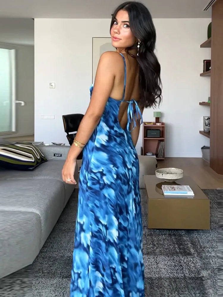 Halter Backless Print Sexy Maxi Dress For Women Gown Elegant Blue Printed Lace-up Sleeveless Evening Long Dress