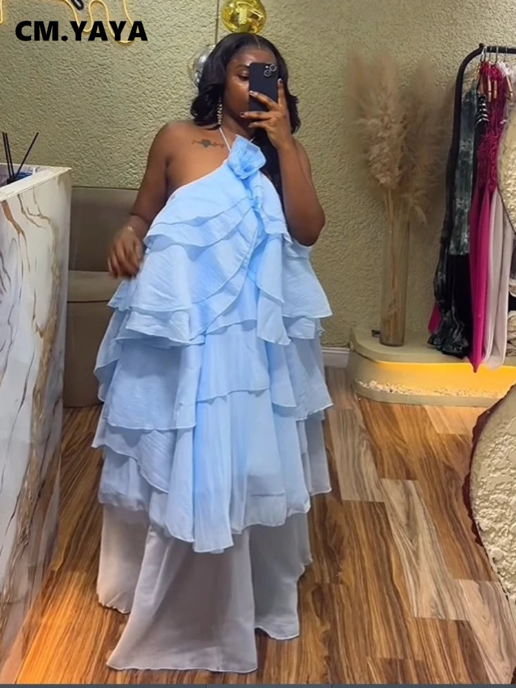 CM.YAYA Women Sleeveless Ruffles Loose Ball Gown Smock Strap Maxi Long Sexy Dress 2025 Birthday Vacation Party Dresses Vestidos