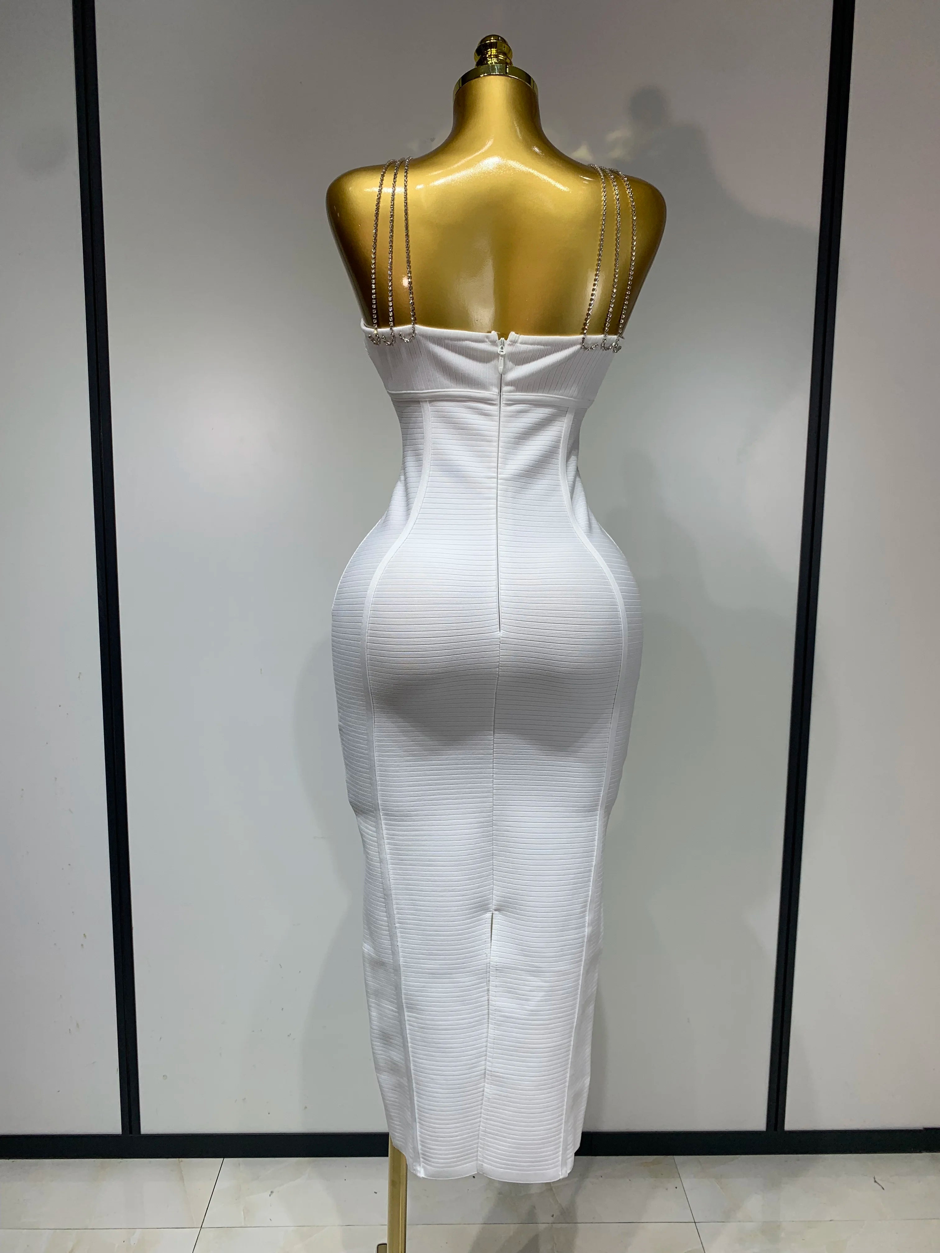 Sexy Sling Backless Crystal Diamonds Chain Bodycon Bandage Dress 2025 White Elegant Evening Club Luxury Birthday Party Dresses