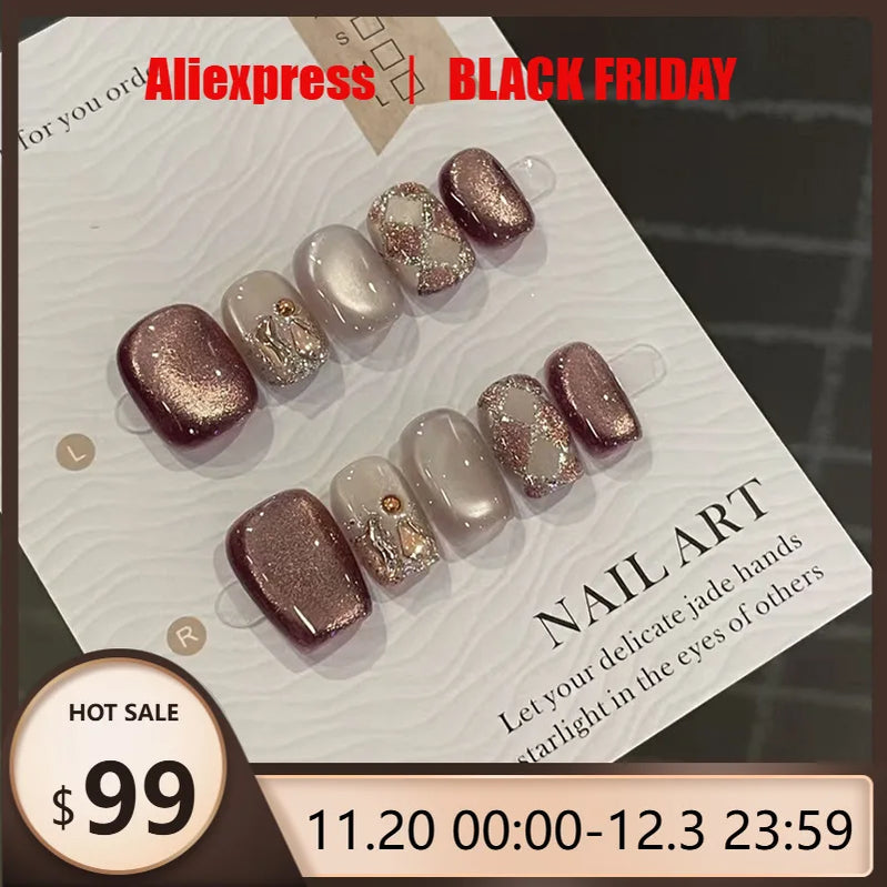 24pcs Cat's Eye Diamond Grid Glitter Press on Nails Short Style Nails Full Cover Wearable False Nails