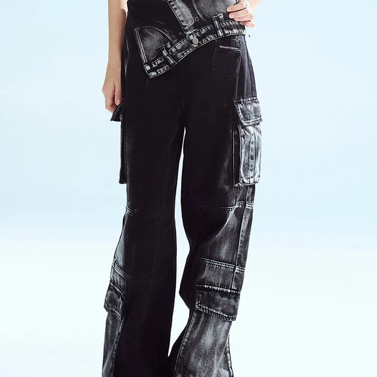 BPN 여성을위한 검은 고딕 양식화물 청바지 하이 허리 패치 워크 포켓 Y2K 빈티지 넓은 다리 데님 바지 여성 패션 의류