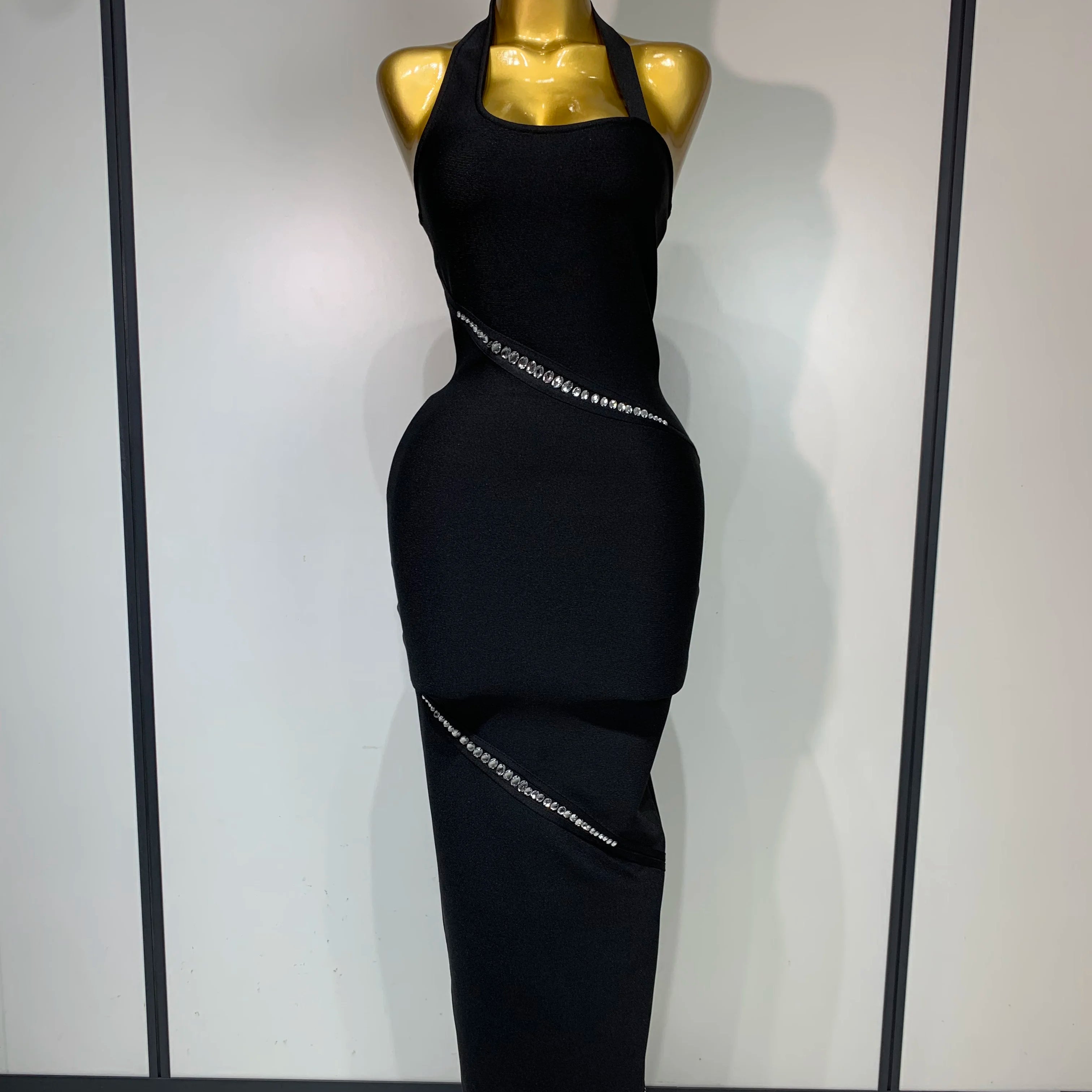 Women Celebrity Sexy Backless Halter Black Crystals Bandage Dress 2025 Knitted Elegant Evening Club Party Luxury Birthday Dress