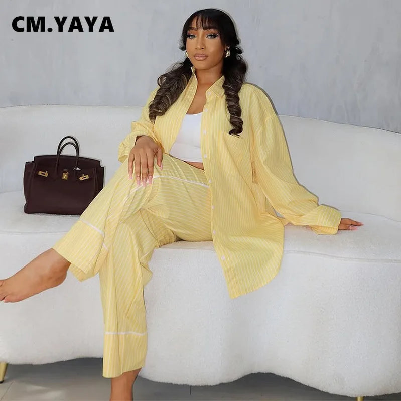 CM.YAYA Fashion Striped Women's Set Long Sleeve Blouse Shirt Top and Wide Leg Pants 2025 Chic Two 2 Piece Sets Outfits Tracksuit