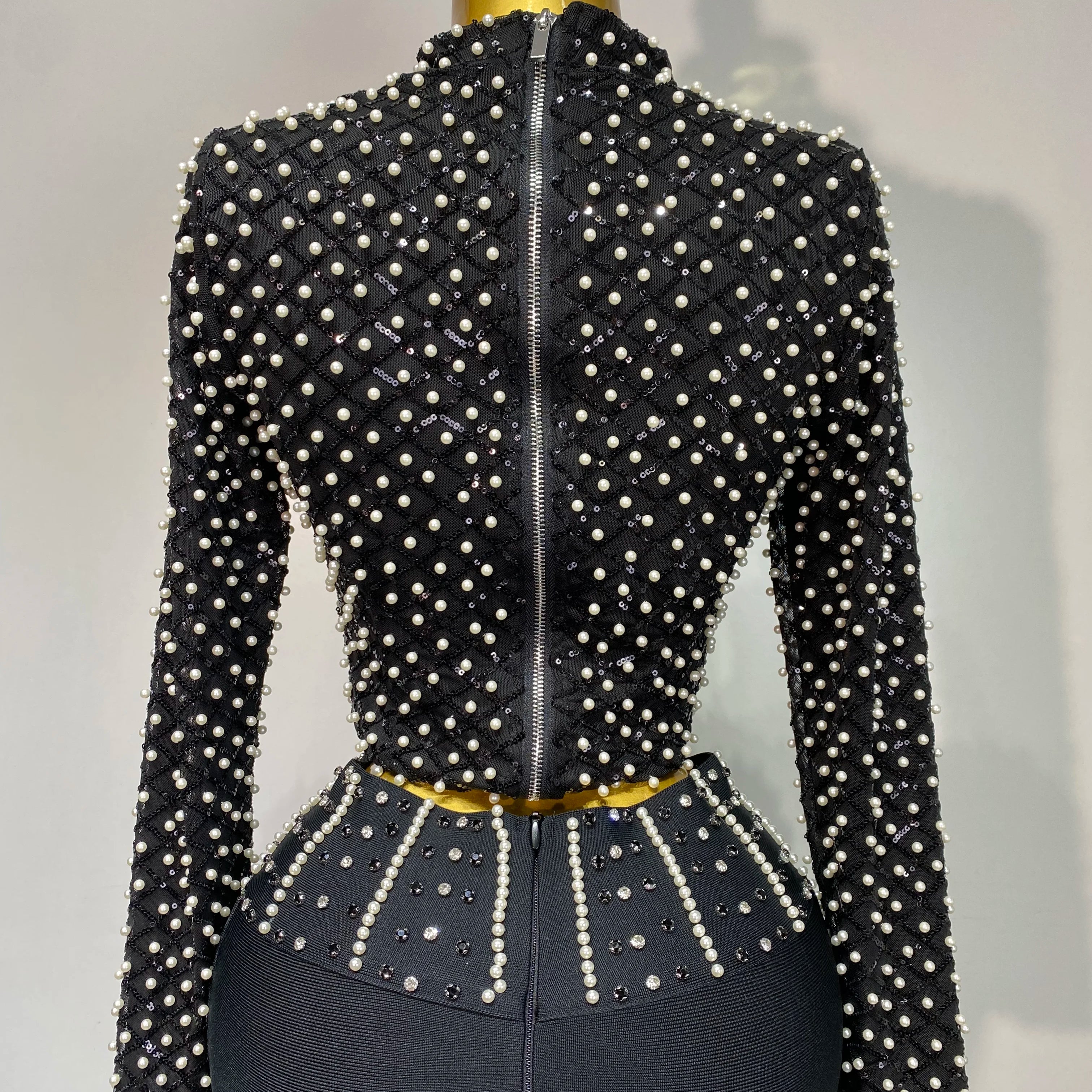 Women Long Sleeve Black Mesh Studded Dianonds Crystal Pearl Two Pieces Bandage Set Celebrity Sexy Evening Party Birthday Gown