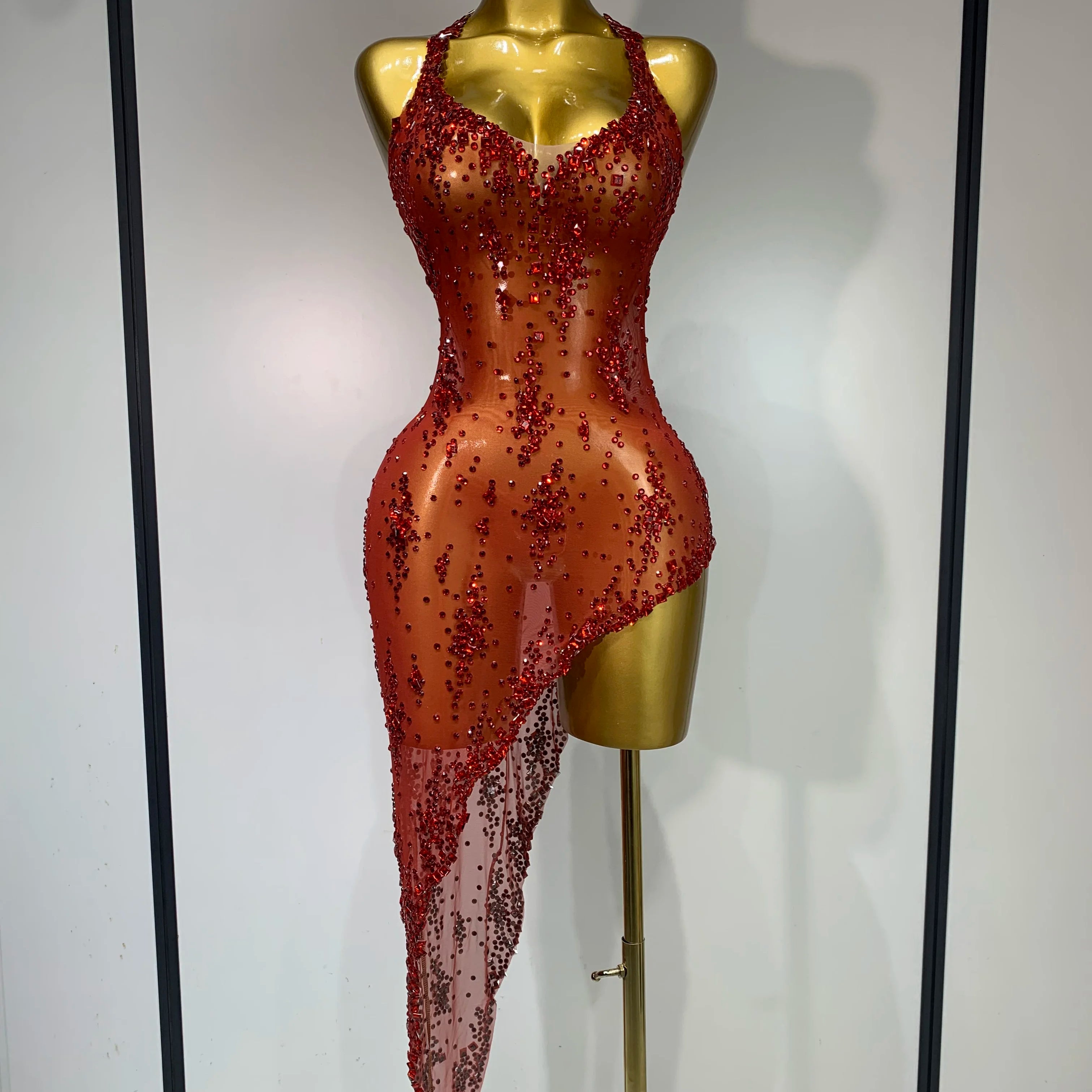 Women Sexy Luxury Birthday Prom Gowns Sparkly Diamond See Through Mesh Stretch Asymmetrical Dress Celebrity Elegant Stage Outfit