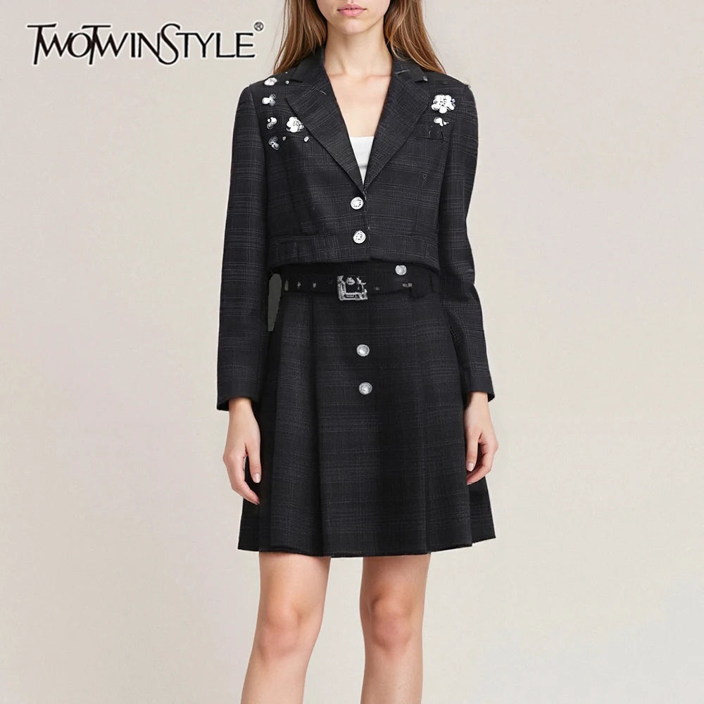 TWOTWINSTYLE Solid Slimming Spliced Appliques Elegant Jackets for Women Lapel Long Sleeve Patchwork Button Fashion Jacket Female