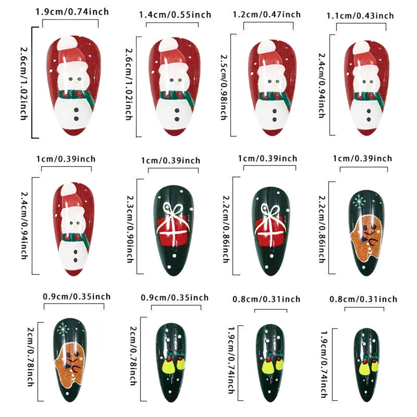 Red/Green Almond Fake Nails for Christmas Party DIY Manicure 24Pcs Acrylic Press On Nails Snowman/Gingerbread Man/Bear Printed