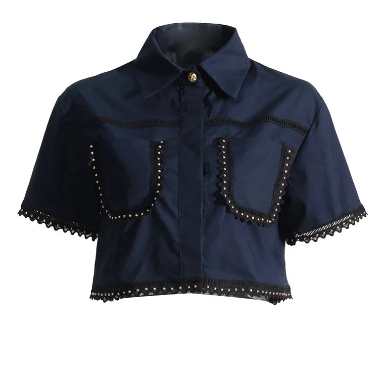 TWOTWINSTYLE Solid Summer Two Piece Sets For Women Lapel Short Sleeve Tops High Waist A Line Skirt Slim Set Female Fashion New