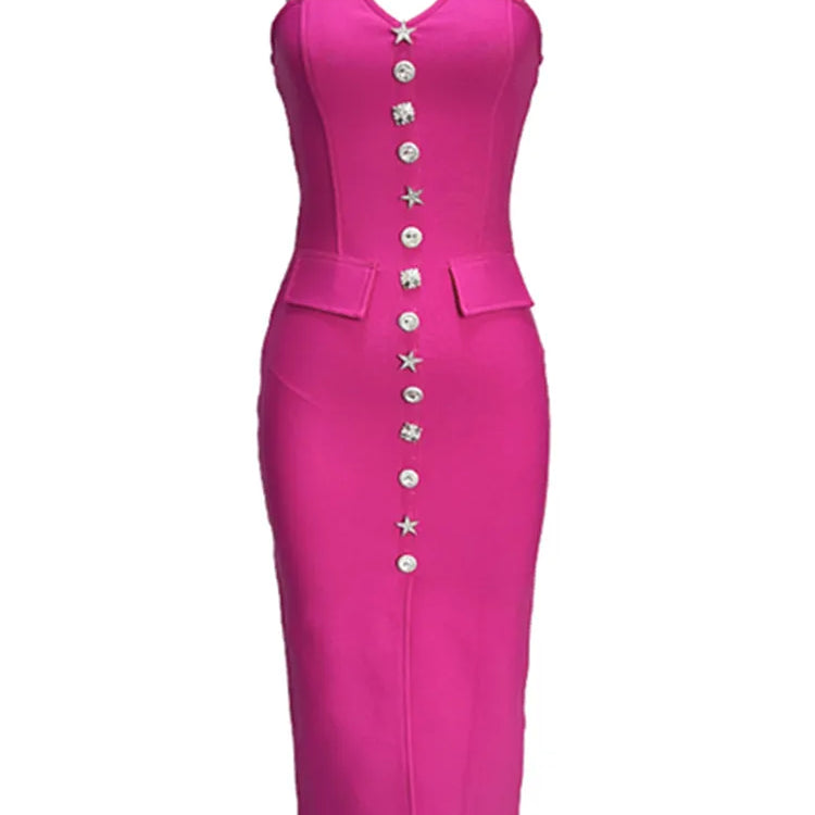 Women Celebrity Sexy V Neck Backless Button Hot Pink Midi Bodycon Bandage Dress 2024 Elegant Evening Club Party Outfit