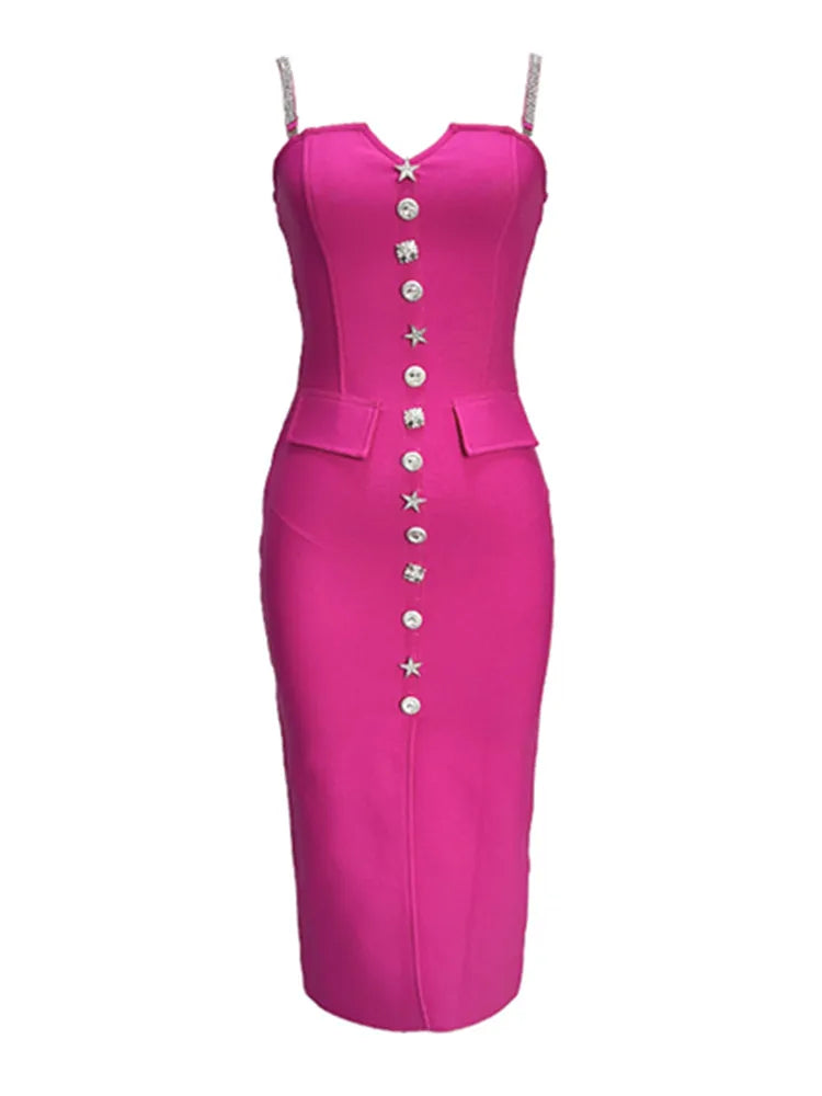 Women Celebrity Sexy V Neck Backless Button Hot Pink Midi Bodycon Bandage Dress 2024 Elegant Evening Club Party Outfit