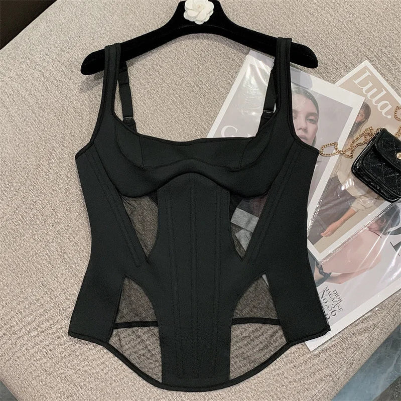 DEAT Summer New Sexy Hollow Out Mesh Patchwork Slim Suspend Women's Backless Black Color Sleeveless Tops Female 11XX3975 black