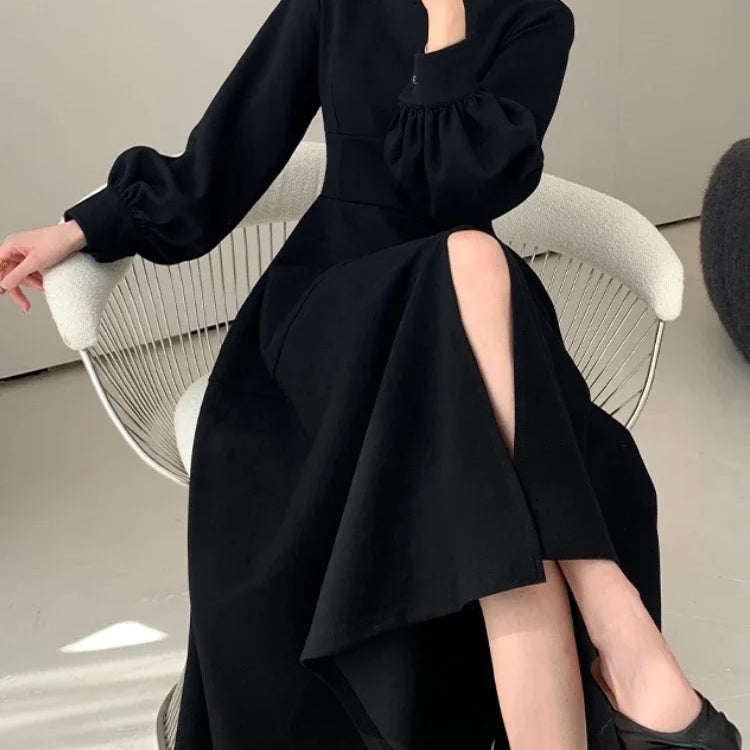 Spring Elegant Women Fashion New Casual Black Dress Vintage A-Line Solid Party Birthday Robe Female Chic Clothes Mujers