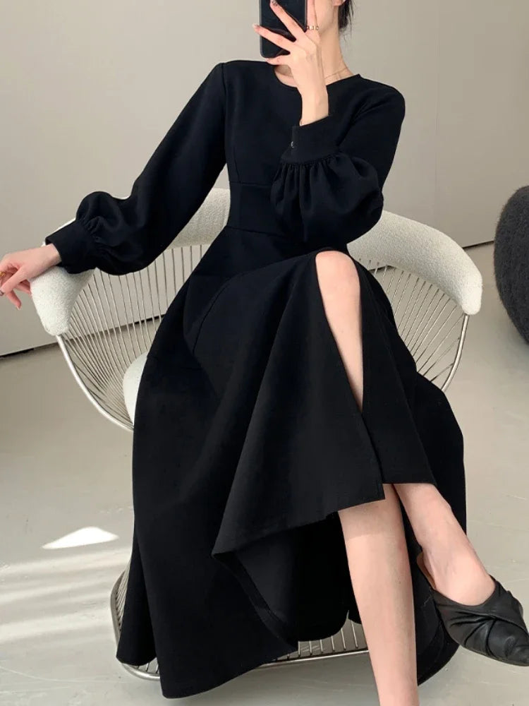 Spring Elegant Women Fashion New Casual Black Dress Vintage A-Line Solid Party Birthday Robe Female Chic Clothes Mujers