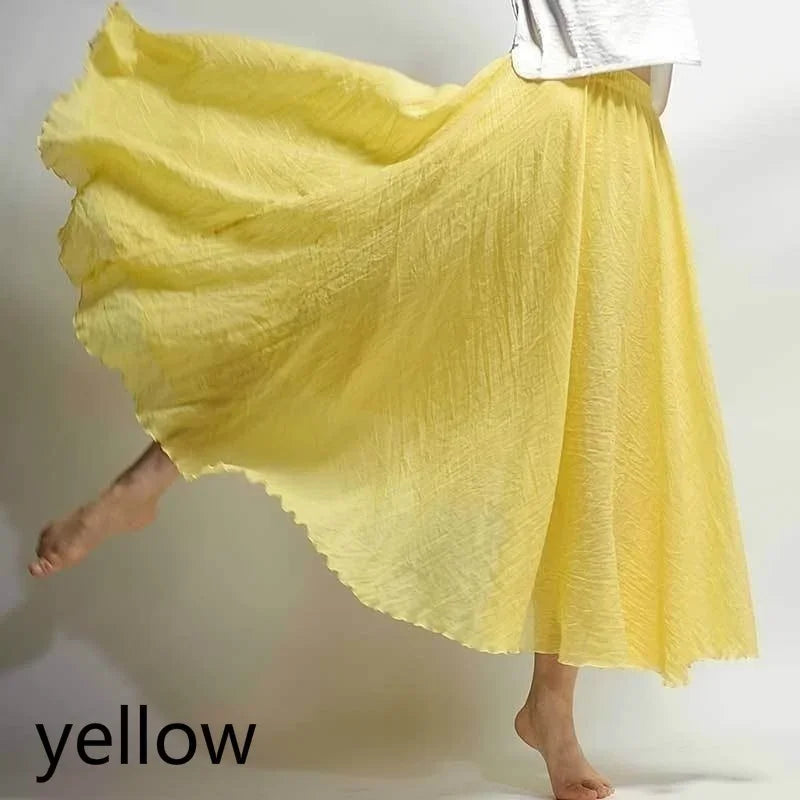 14 Colors Linen Maxi Skirt Pleated Vintage Boho Maxi Long Casual Cotton Beach Skirt Empire A-Line Linen Skirt Ladies Clothing Yellow One Size