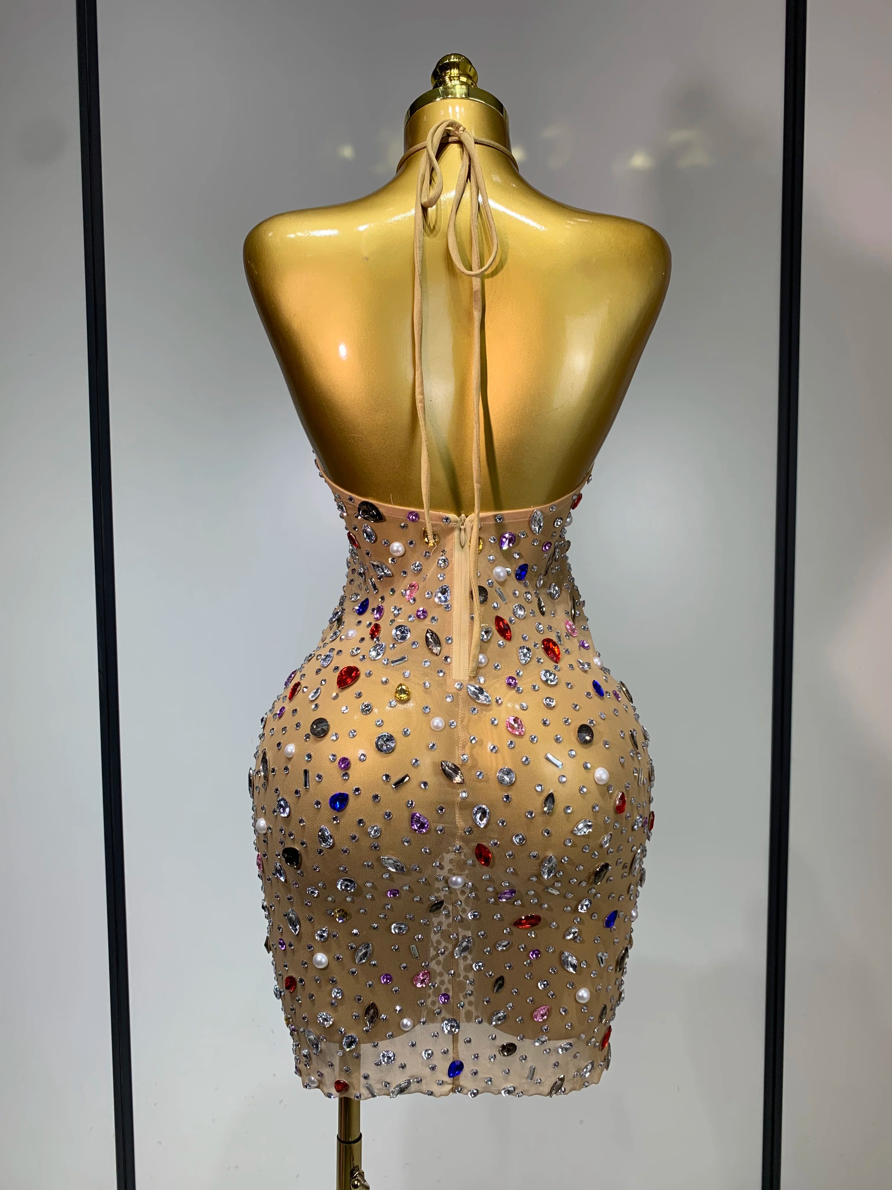 Colorful Crystals Diamond Women Sexy Halter Mesh See Through Bodycon Dress Nightclub Evening Party Celebrate Birthday Costume