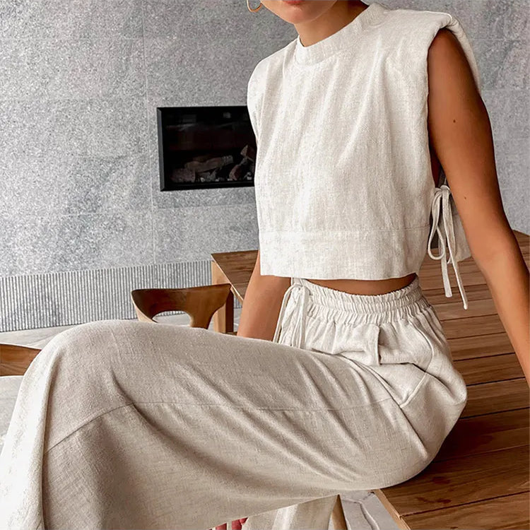 Casual Linen Lace Up Hollow Out Top Pants Sets Women O-neck Sleeveless Crop Tank Drawstring Trouser Suits Female Beach Outfits
