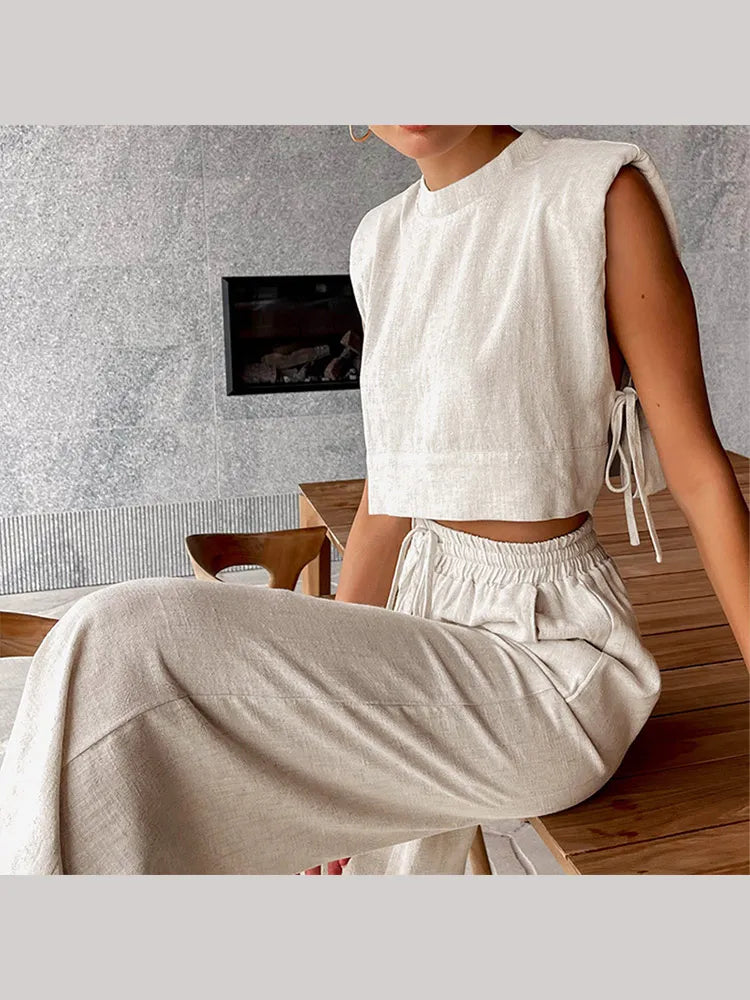 Casual Linen Lace Up Hollow Out Top Pants Sets Women O-neck Sleeveless Crop Tank Drawstring Trouser Suits Female Beach Outfits