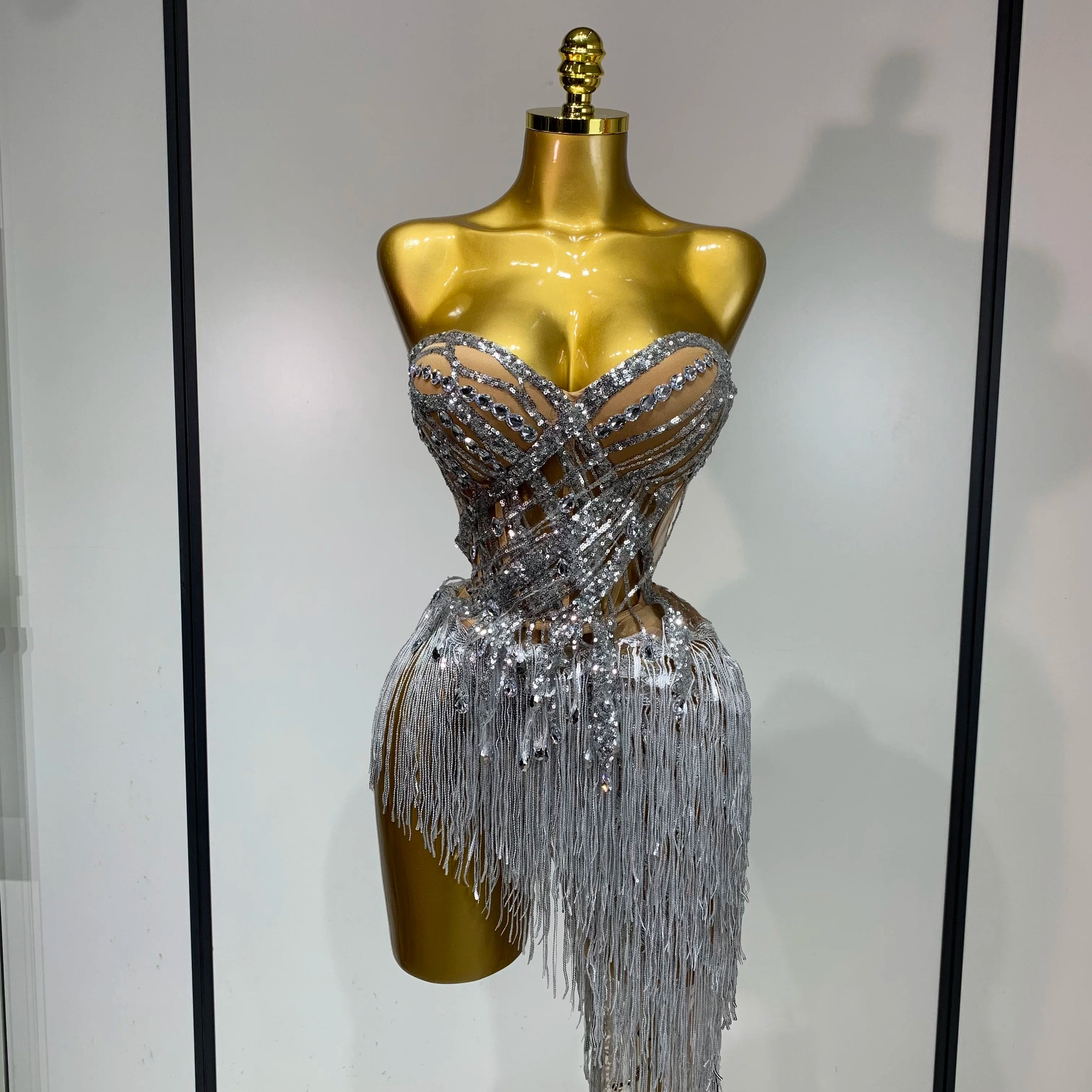 Women Sexy Singer Dancer Performan Costume Nightclub Bar Girl Sparkly Diamond Tassel Two Piece Set Evening Party Outfit