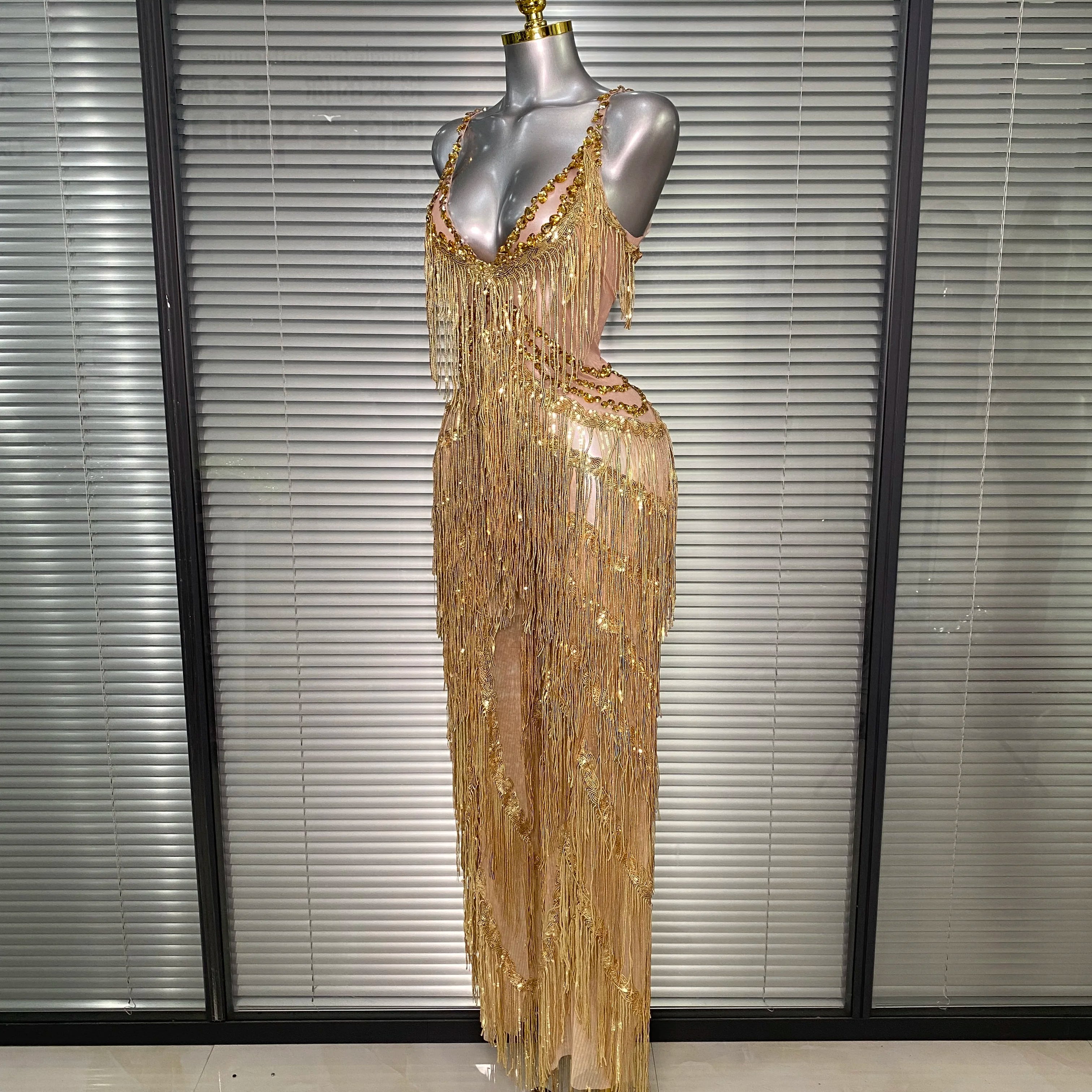 Brand New 2025 Women Sexy Gold Tassel Crystal Jumpsuit Celebrity Designer Stretchy Singer Dancer Stage Night Club Rompers