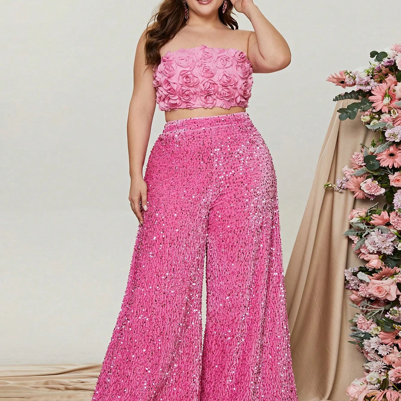 Plus Size Tube Top 3D Flower and Sequin Party Suit