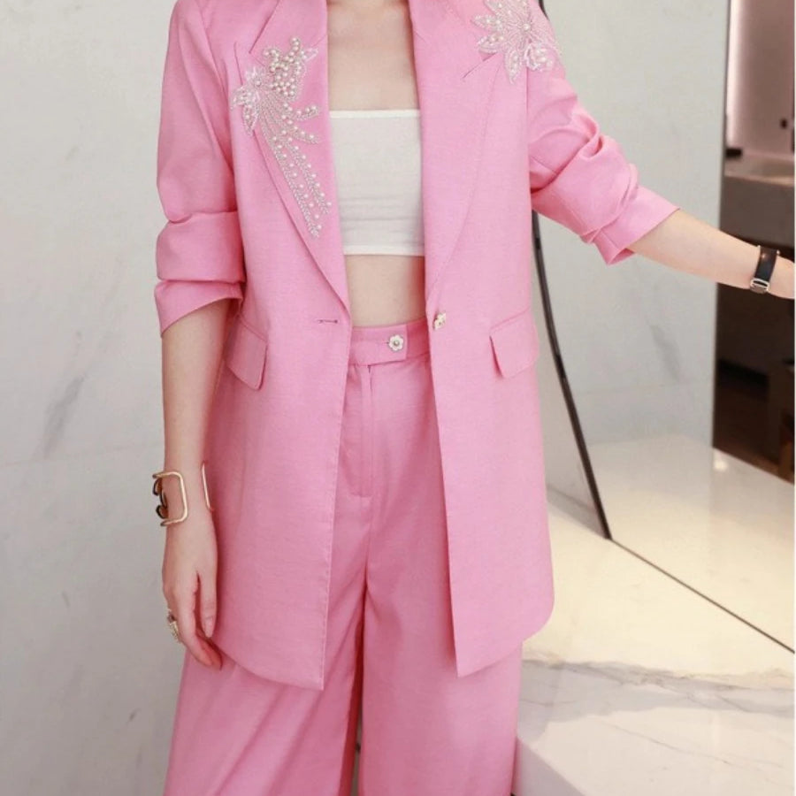 TWOTWINSTYLE Solid Spliced Appliques Two Piece Sets for Women Lapel Long Sleeves Patchwork Button Top High Waist Pant Set Female