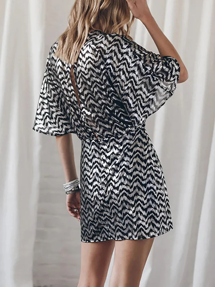 Round Neck Backless Hollow Out Women Dress Summer Casual Femme Half Sleeve Print Dress Streetwear Loose Mini Black Dress Vestido