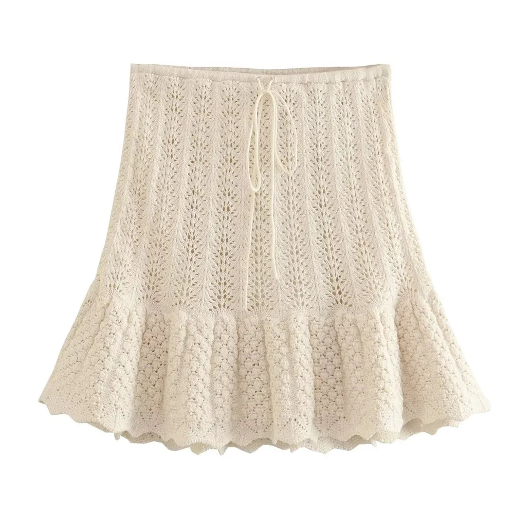 UNIZERA Autumn New Product Women's Fashion Jacquard Hollow out Knitted Top Mini Short Skirt Set Off white 1