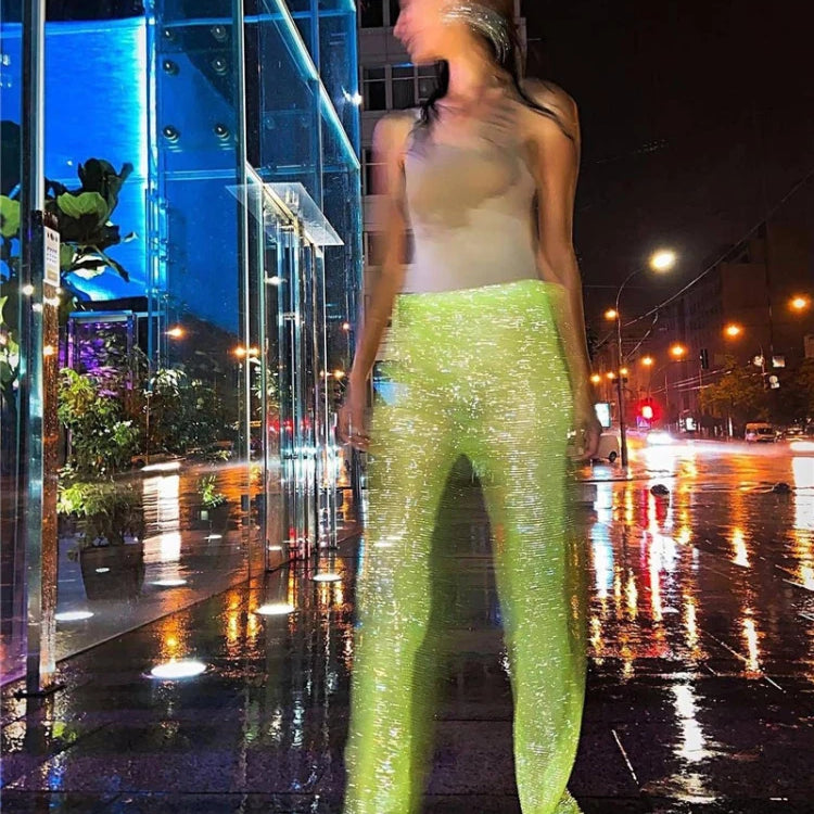 Fashion Sexy Glitter Crystal Diamonds Fishnet Women Pant See Through High Waist Pant Female Loose Hot Girl Party Clubwear