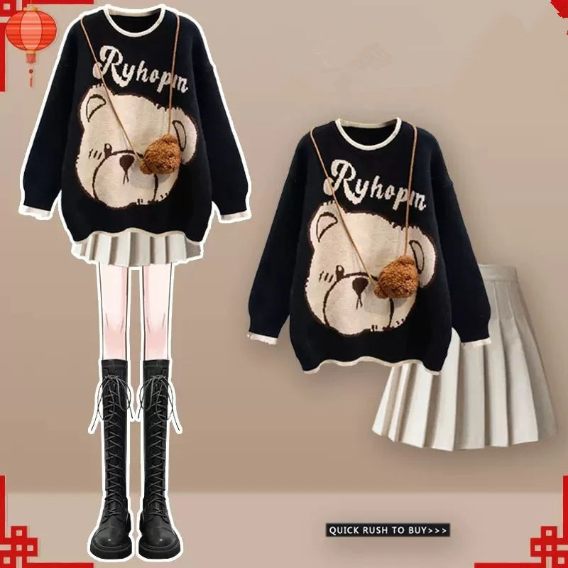 Winter Warm Lucky Red Sweater Pleated Mini Skirts 1 or 2 Piece Set Women Cute Bear Knit Pullover Skirt Outfits Top with Bag Black Beige Set