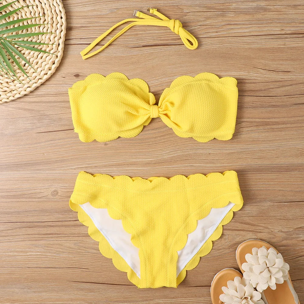 Sexy Bandeau Bikinis Women Brazilian Swimsuit Solid Swimwear Female Summer Beachwear Bathing Swimming Suit Bequine