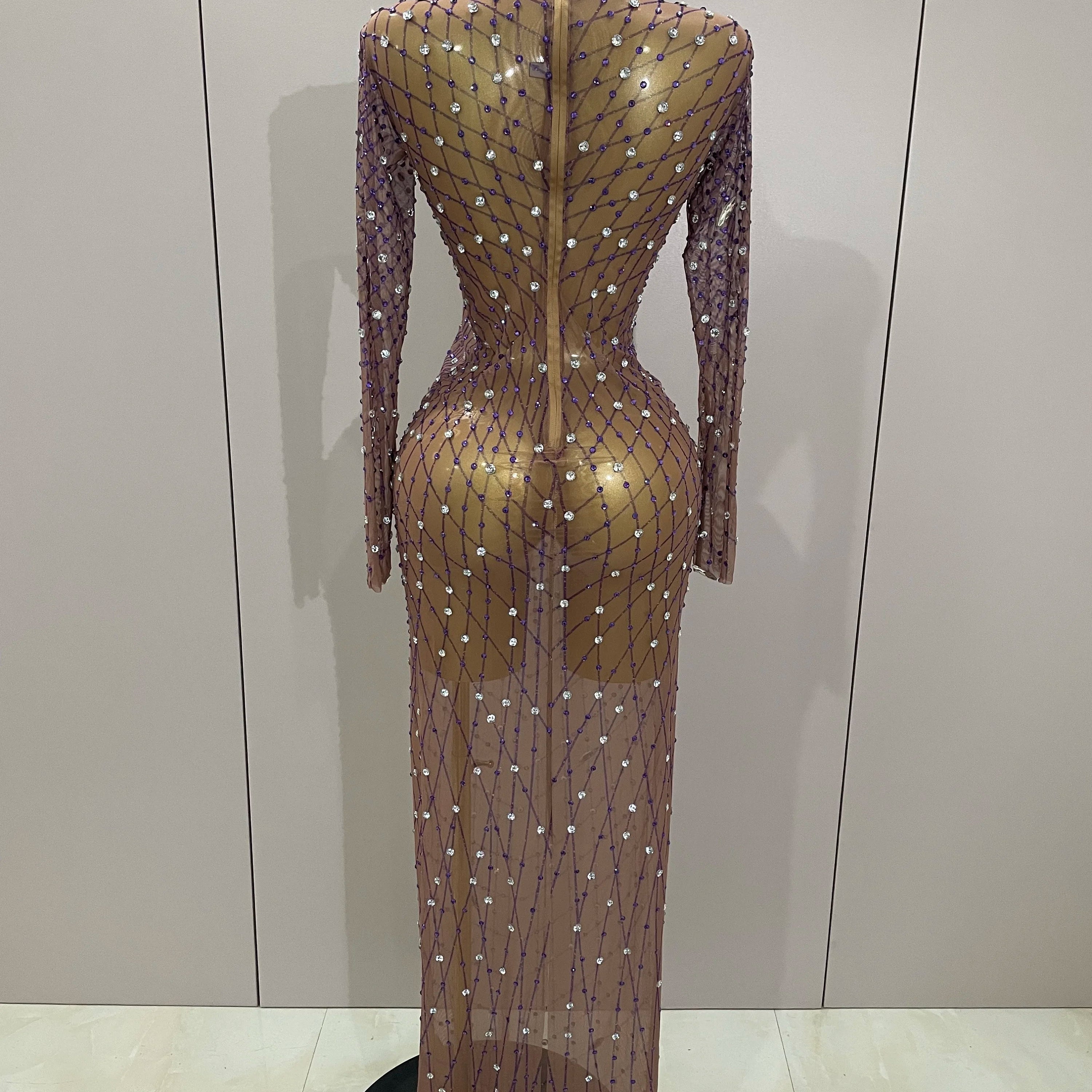 Shining Rhinestones Sexy Mesh See Through Long Dress Women Birthday Celebrate Evening Singer Show Stage Wear Photo Shoot Dress