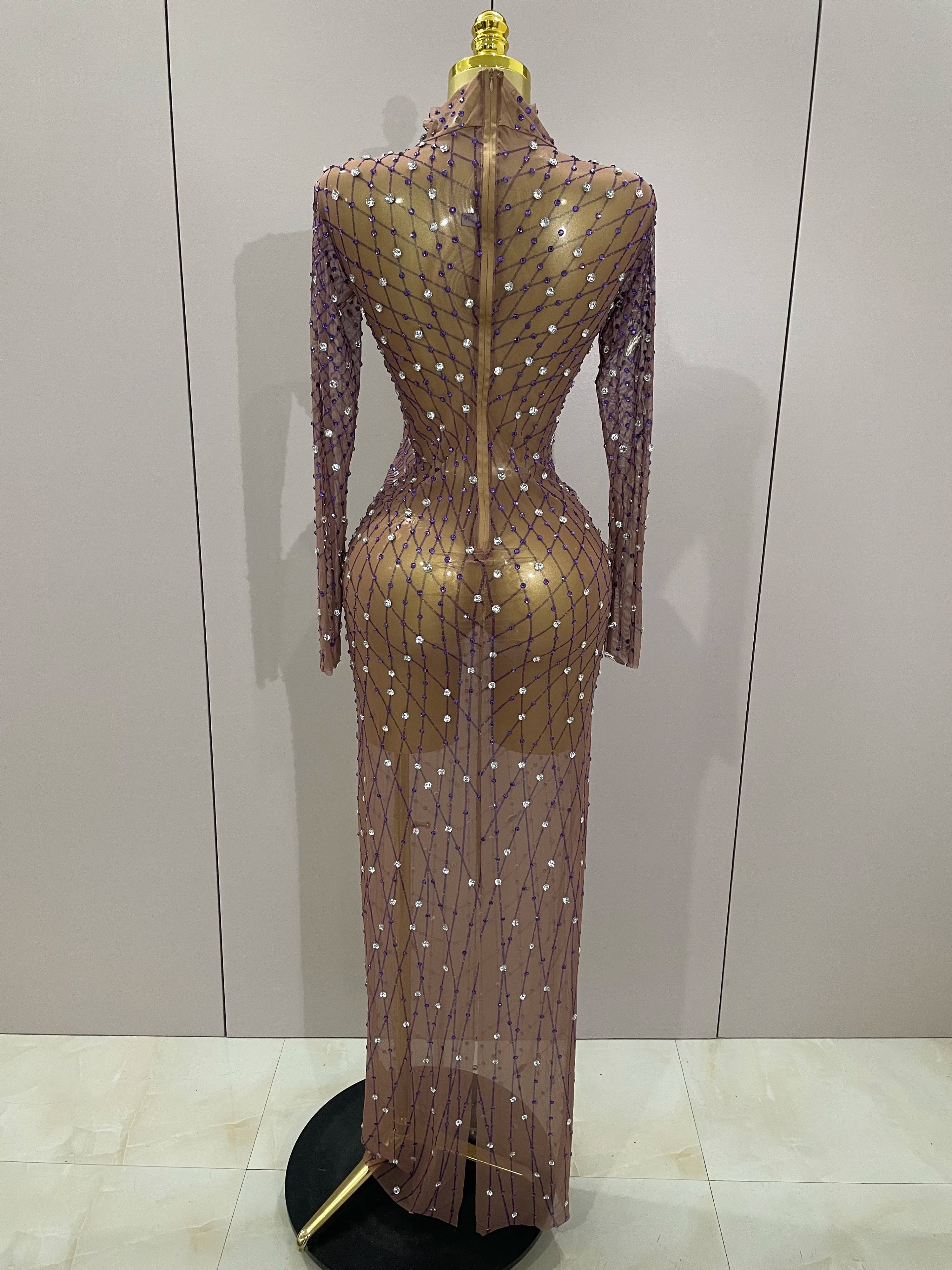 Shining Rhinestones Sexy Mesh See Through Long Dress Women Birthday Celebrate Evening Singer Show Stage Wear Photo Shoot Dress