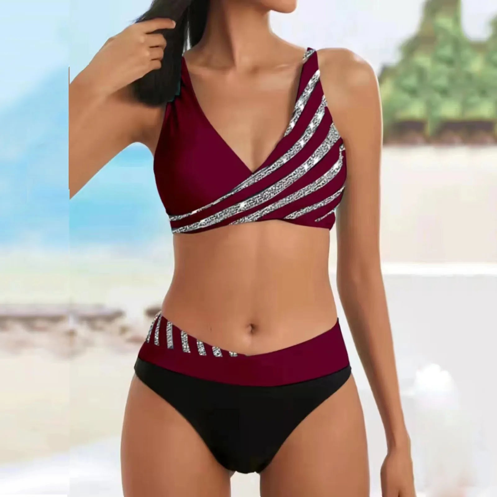 Sexy High Waist Bikini Set 2 Piece Swimsuit Women Push Up Y2k Swimwear Luxury Separates Tankini Summer Beach Mujer купальник Wine CN
