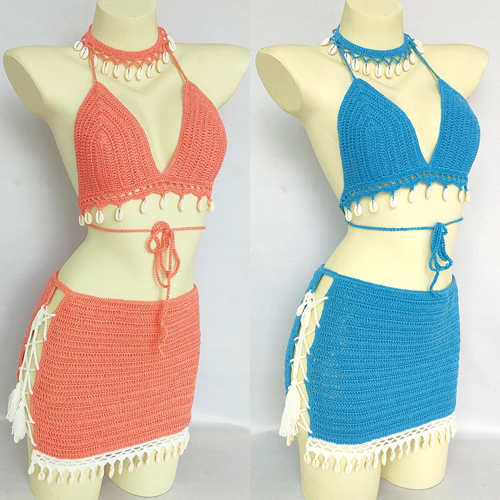 3pcs Bikini Set Woman Crochet Shell Tassel Bikini Top And Seashell Ankle Chain Sexy Beach Skirt Lace See Through Slim Mini Skirt