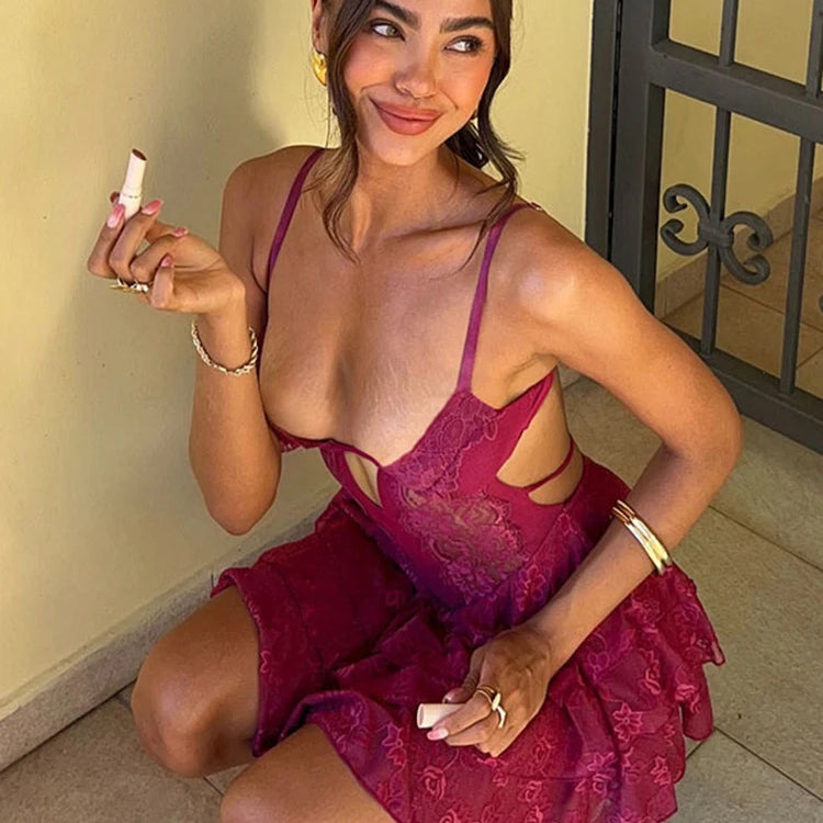 Lace Spaghetti Strap Sexy Mini Dress For Women Fashion Hollow Out Sleeveless Backless High Waist Ruffled Dress Elegant