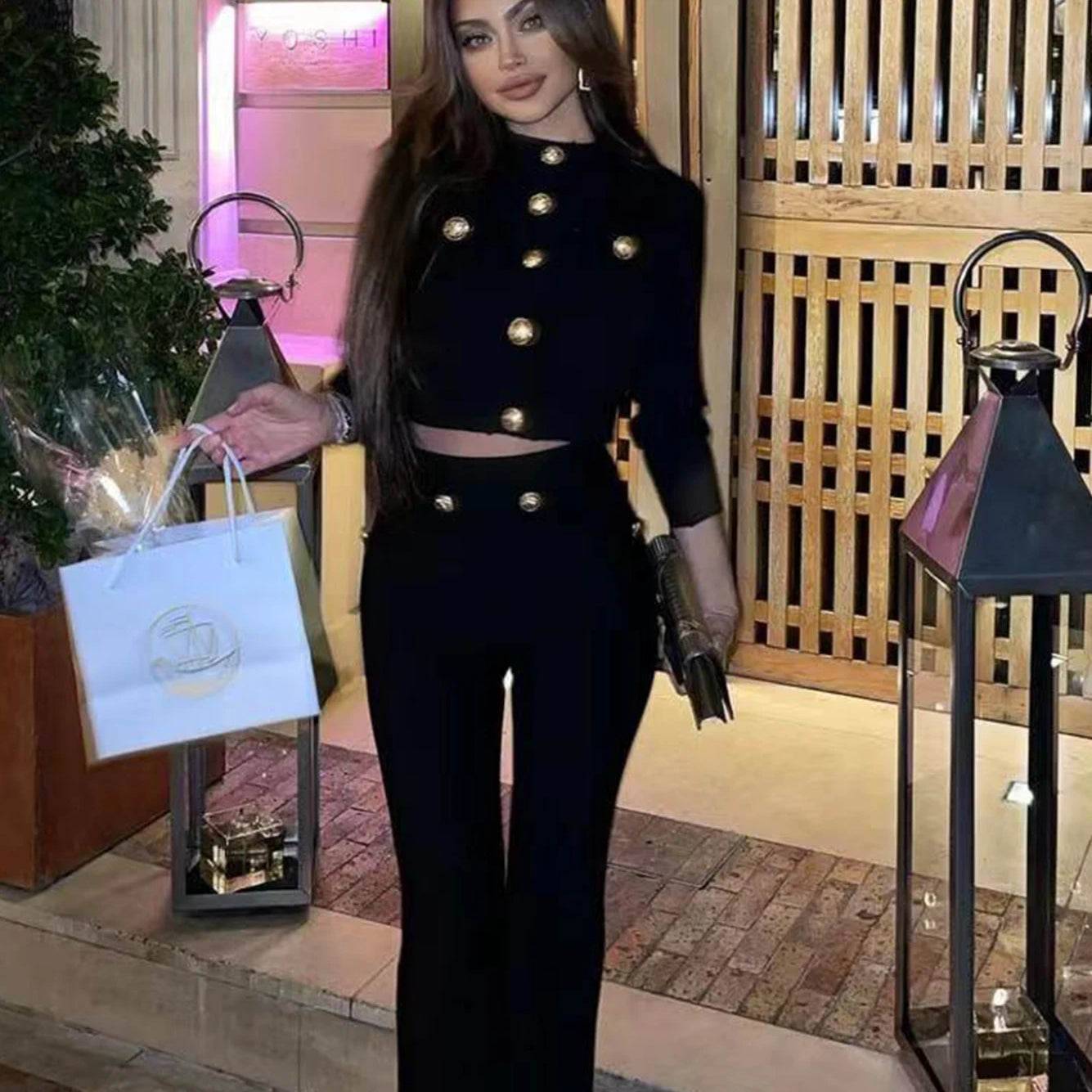 Celebrity Black Long Sleeve 2 Pieces Rayon Bandage Set Evening Party Set Vestidos black