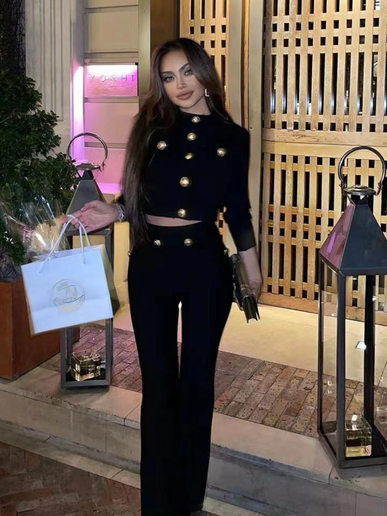 Conjunto de 2 peças de bandagem de rayon preto de manga comprida para festa à noite