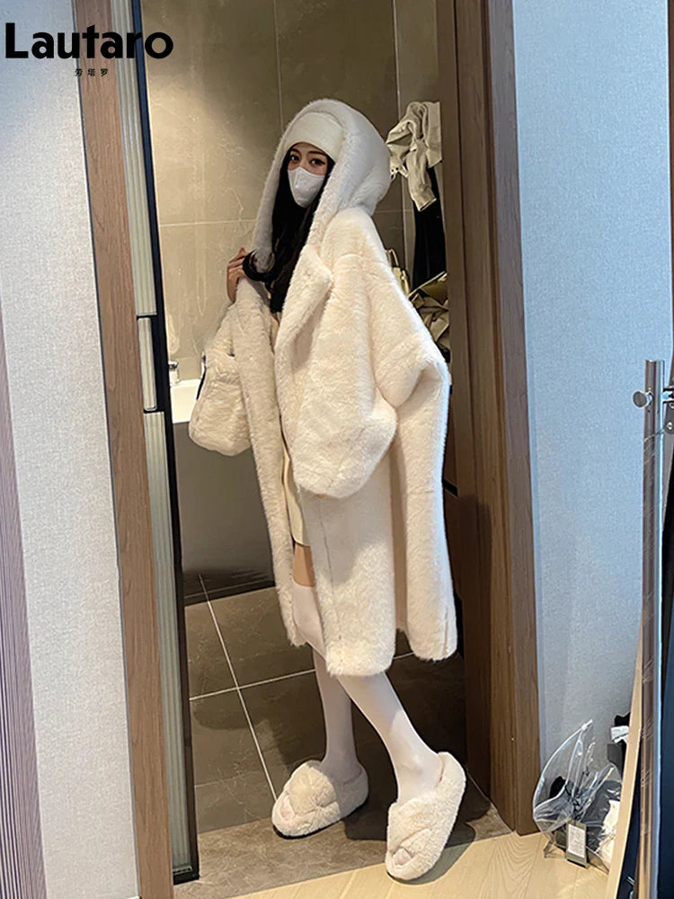 Winter High Quality Long Oversized White Thick Warm Teddy Bear Coat Women with Hood Loose Casual Korean Fashion 2023