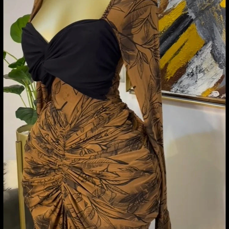 CM.YAYA Women Leaf Printed Stacked Ruched Draped V-neck Maxi Long Bodycon Dress 2025 Holiday Birthday Club Party Evening Dresses