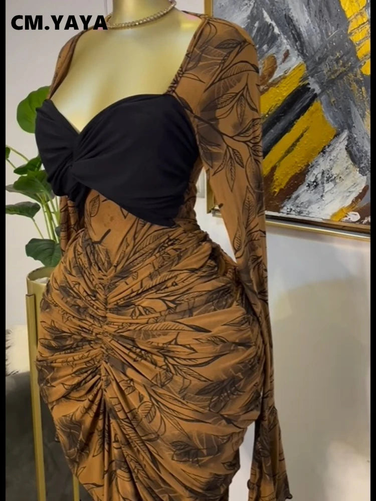 CM.YAYA Women Leaf Printed Stacked Ruched Draped V-neck Maxi Long Bodycon Dress 2025 Holiday Birthday Club Party Evening Dresses