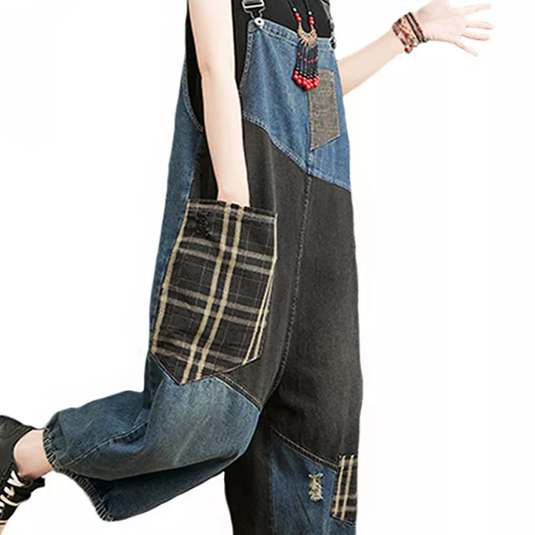 Korean Fall Jeans Women Plaid Ripped Denim Overalls Ladies Vintage Punk Loose Pants Luxury Classic Casual Trousers