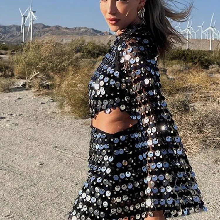 Sexy Sequined Evening Dress Women Long Sleeve O Neck Slim Backless Fashion Mini Dresses Party Hallow Out Ferrule Robe