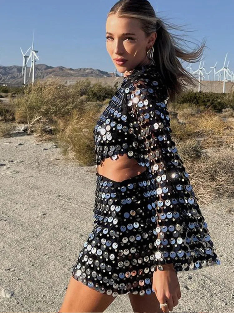 Sexy Sequined Evening Dress Women Long Sleeve O Neck Slim Backless Fashion Mini Dresses Party Hallow Out Ferrule Robe