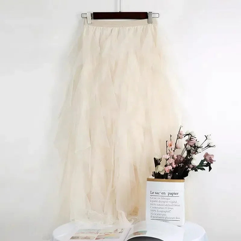 Women Tulle Mesh Skirt Elegant Elastic Waist Fairy Long A-line Tutu Skirt for Spring Summer long skirt