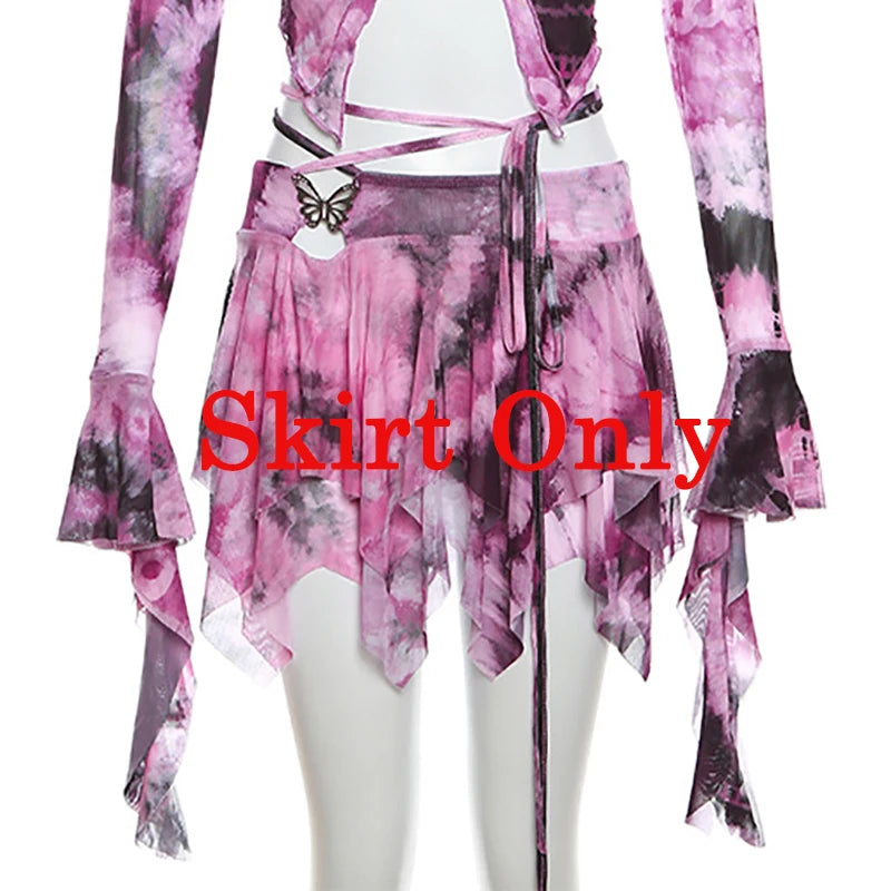 Zenaide Fall Mesh Butterfly Women 3 Piece Set Bandage Cami+Irregular Skirt+Fairy Festival Crop Top Tie Dye Rave Party Outfit Y2K Purple Skirt Only