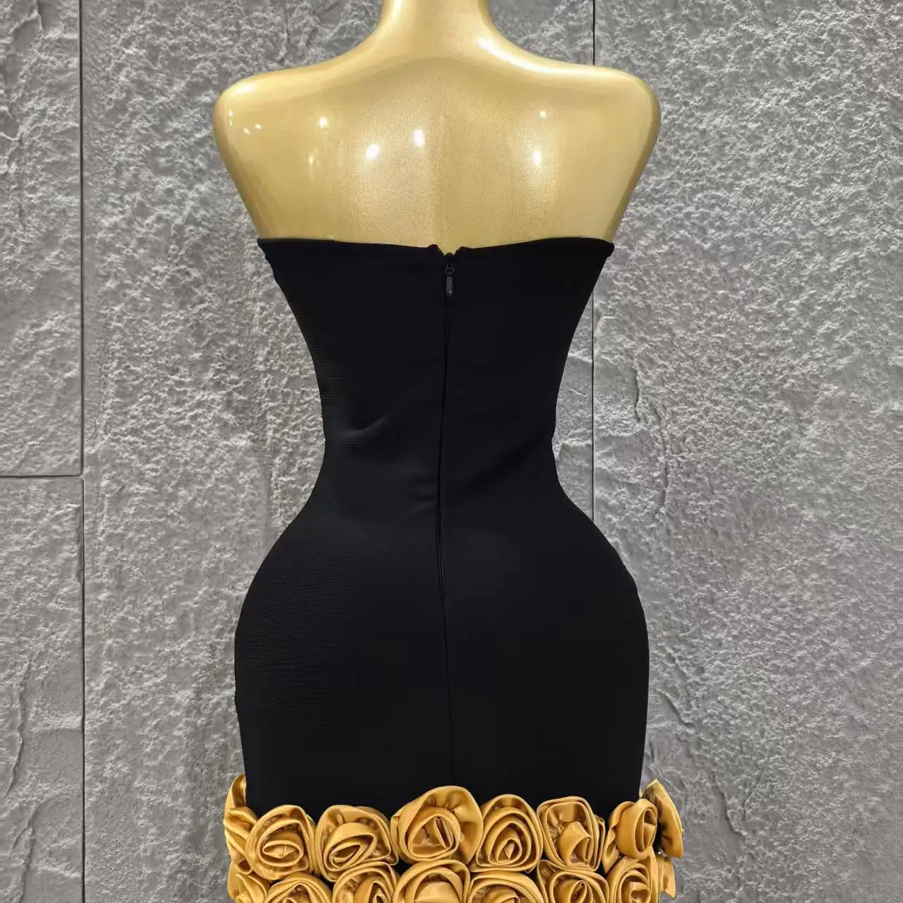 Vestido curto bandage preto dourado floral feminino, sexy, sem alças, justo, para festa de aniversário e férias