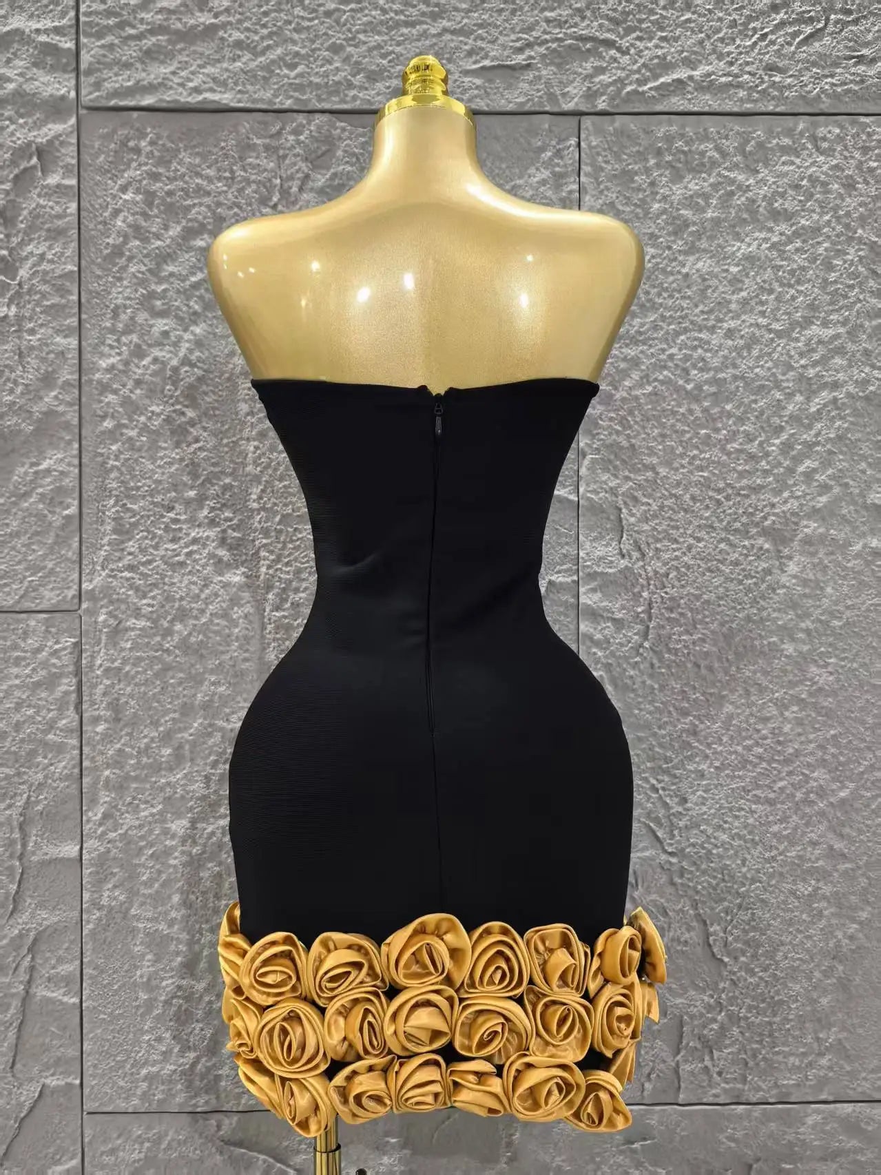 Vestido curto bandage preto dourado floral feminino, sexy, sem alças, justo, para festa de aniversário e férias